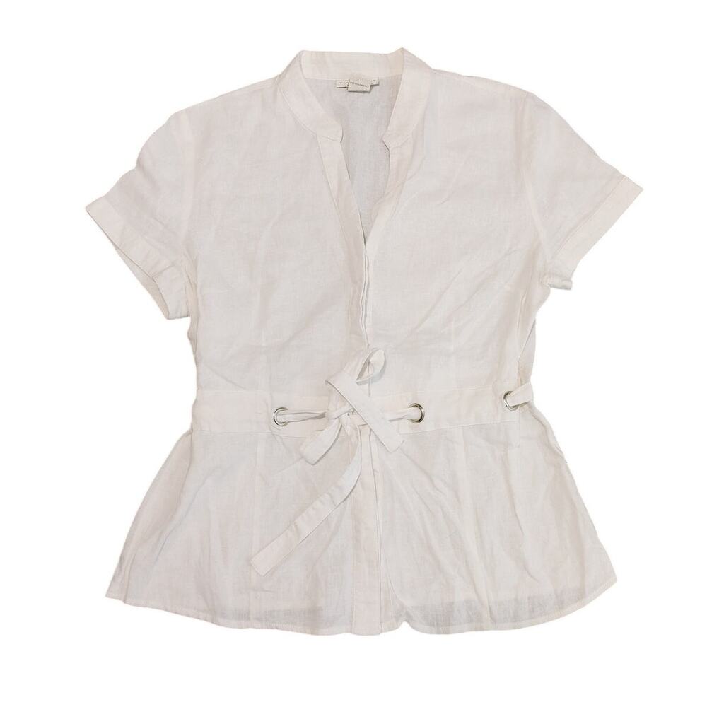 Tweeds Linen Blend Waist Tie Blouse Short Sleeve White Womens Large Coastal